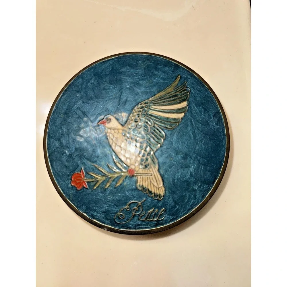 Vintage Brass Enameled Vase and Trinket Jewelry Box Birds w/Roses Peace India